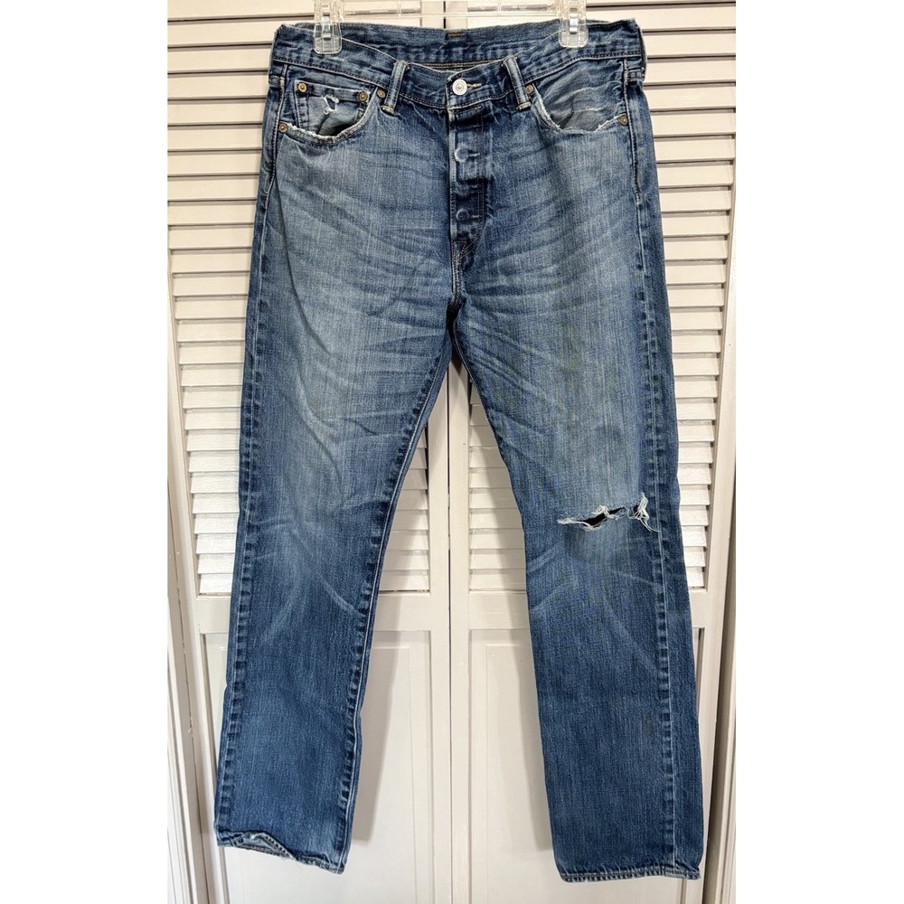 Levis 501 Light Button Fly Zip Logo Straight Leg 34x34 Mid Rise Cotton‎ Distress